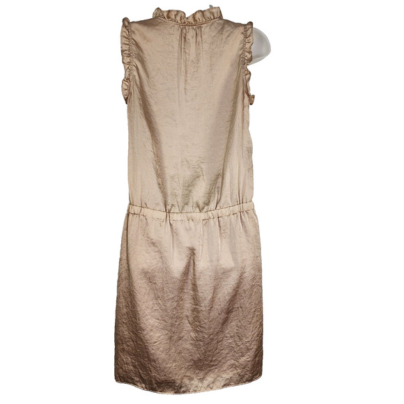 Ann Taylor LOFT Dress Size 0 Tan Ruffles Scoop Neck Pockets Tie Waist Sleeveless - Picture 2 of 11